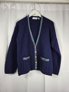 Vintage Aston Shetland Wool Cardigan Sweater Blue Plaid Ribbon Women's Size M